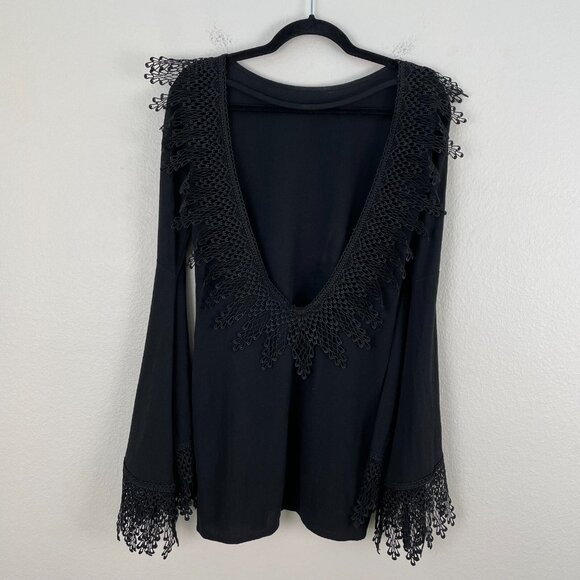 FOR LOVE & LEMONS Womens XS Black Crochet Bell Sleeve Tunic Top Witchy Vamp Goth - Picture 5 of 11